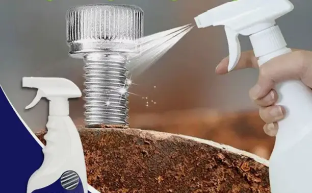 nobrainersdiet Rostentferner Flasche vor rostfreiem Metall